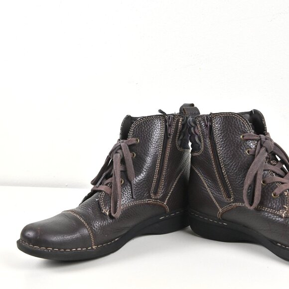 Clarks Whistle Bea Pebbled Leather Quilted Plaid Lace Zip Brown Ankle Boots US 8 - Picture 12 of 16
